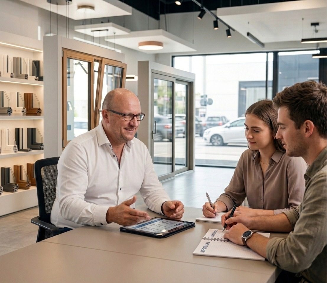 Consulente e clienti durante una trattativa in showroom